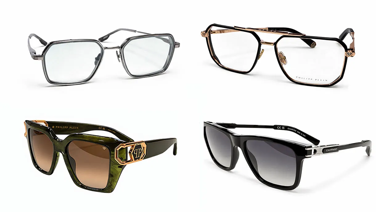 Brillenkollektion für Herren. Brillenverkaufsbanner. Ausverkaufsangebot für Optikgeschäfte. Trendige Brille mit Kunststoff- und Metallrahmen auf Steinen auf beigem Hintergrund