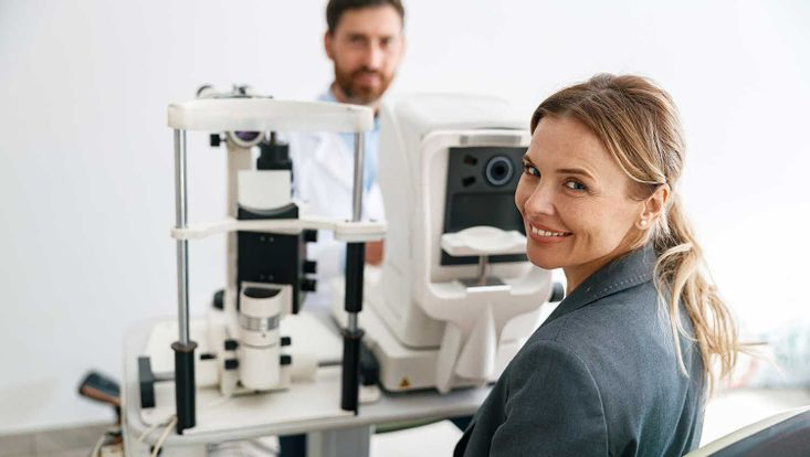 Lächelnde Patientin wartet auf einen Sehtest im Optikergeschäft oder in der Augenklinik